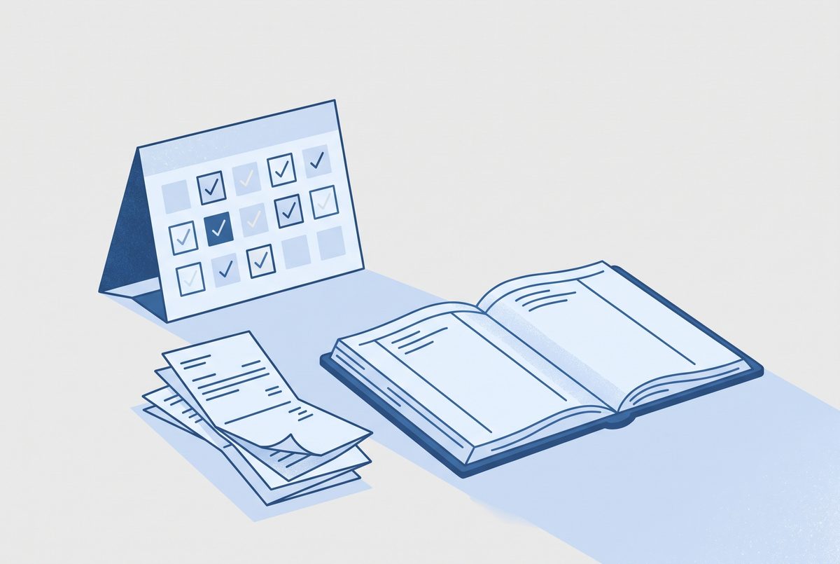 Editorial illustration of a desk calendar with each month ticked off beside a short stack of bank statements and an open ledger.